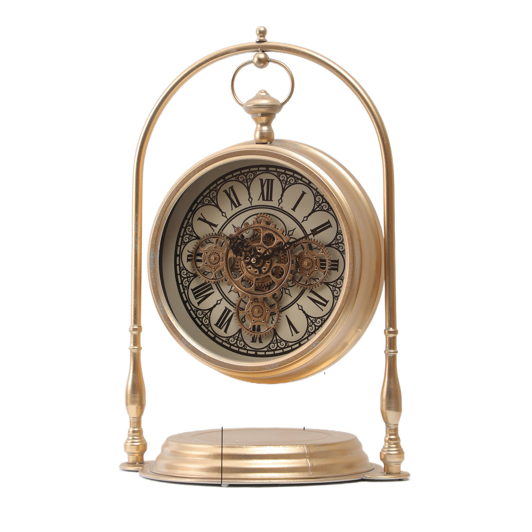 Marrakye Arch Moving Cogs Table Clock - Metallic Gold Wash