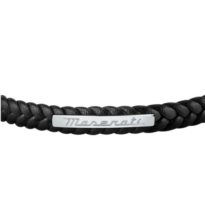 Maserati Bracelets Maserati Jewels Black Flat Leather Bracelet Silver Logo Brand