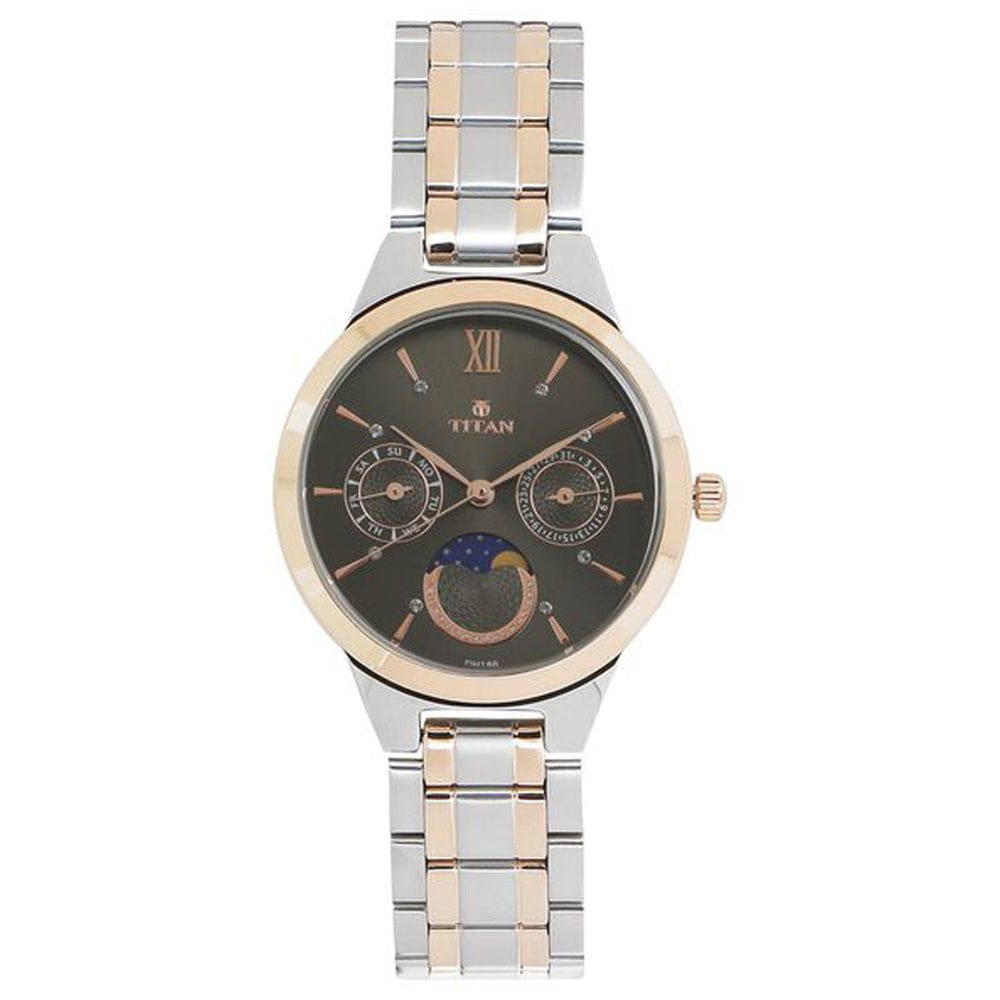 Titan Chronograph Watches Titan Women's Elegance Moonphase Two-Tone Anthracite Dial Watch Brand